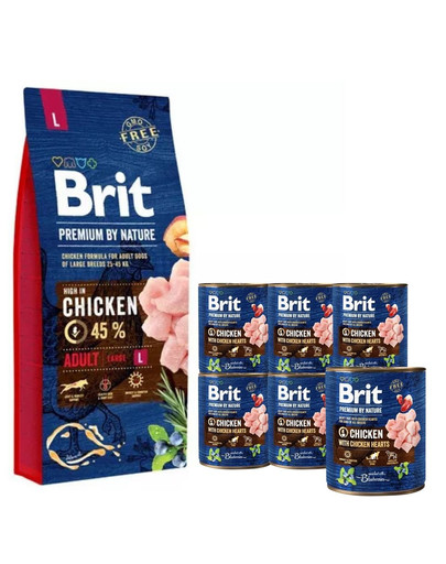 BRIT Premium By Nature Adult Large L 15 kg + 6 x 800 g BRIT kurczak i serca mokra karma dla psa