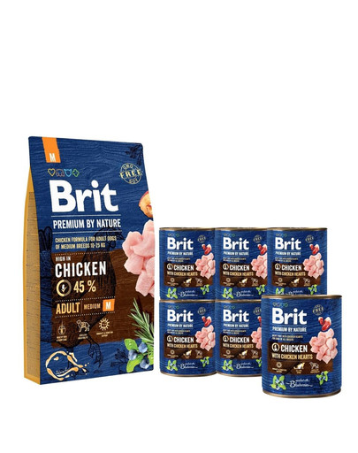 BRIT Premium By Nature Adult Medium M 8 kg + 6 x 800 g BRIT kurczak i serca mokra karma dla psa
