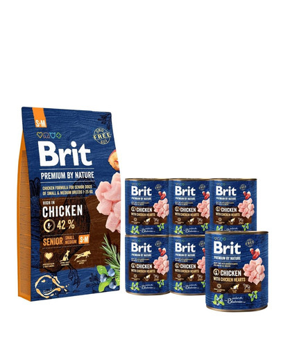 BRIT Premium By Nature Senior Small Medium S+M 8 kg + 6 x 800 g BRIT kurczak i serca mokra karma dla psa