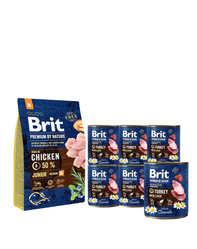 BRIT Premium By Nature Junior Medium M 3 kg + 6 x 800 g BRIT indyk i wątroba mokra karma dla szczeniąt