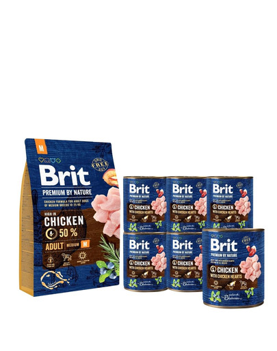 BRIT Premium By Nature Adult Medium M 3 kg + 6 x 800 g BRIT kurczak i serca mokra karma dla psa