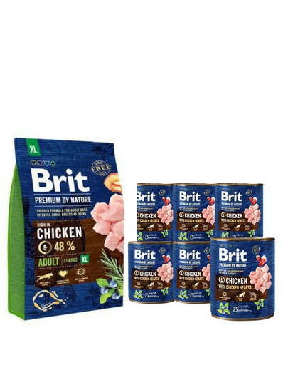 BRIT Premium By Nature Adult Extra Large XL 3 kg + 6 x 800 g BRIT kurczak i serca mokra karma dla psa