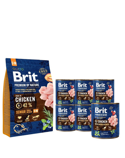 BRIT Premium By Nature Senior Small Medium S+M 3 kg + 6 x 800 g BRIT kurczak i serca mokra karma dla psa