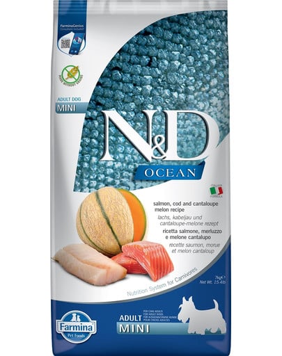 N&D Ocean Dog Adult Mini salmon, cod & canatloupe melon 7 kg łosoś, dorsz, melon kantalupa