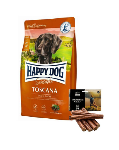 HAPPY DOG Supreme toscana 12.5 kg + naturalne cygara z kaczką 7 szt.
