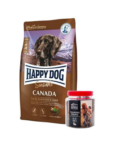 HAPPY DOG Supreme Canada 12,5 kg + przysmaki treningowe z zającem 300 g