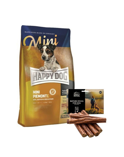HAPPY DOG Mini Piemonte 4 kg + naturalne cygara z kaczką 7 szt.