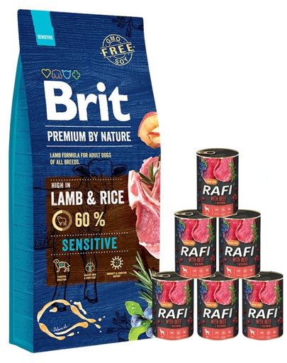 BRIT Premium By Nature Sensitive Lamb 15 kg + mokra karma z wołowiną 6x400 g