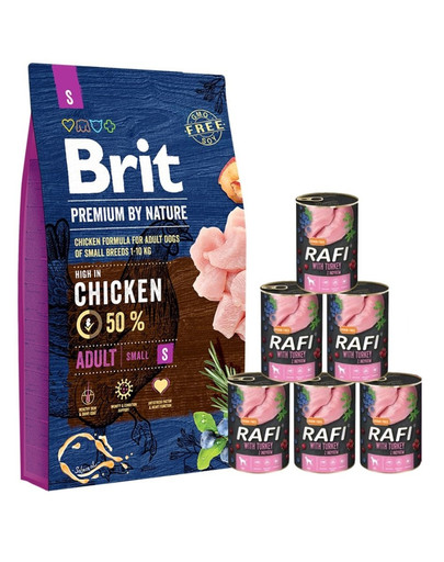 BRIT Premium By Nature Adult Small S 8 kg + mokra karma z indykiem 6x400 g