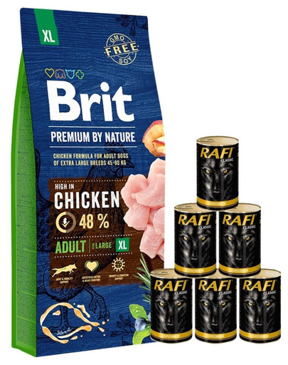 BRIT Premium By Nature Adult Extra Large XL 15 kg + mokra karma z drobiem 6x1240 g