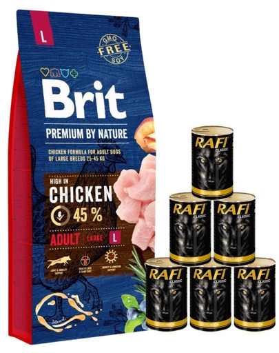BRIT Premium By Nature Adult Large L 15 kg + mokra karma z drobiem 6x1240 g