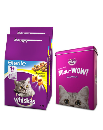 WHISKAS Sterile 2x1,4kg - sucha karma dla kotów po sterylizacji z kurczakiem + PUSZKA GRATIS