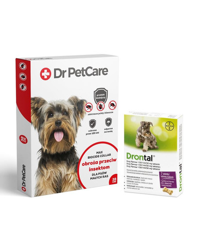 Dr PetCare MAX Biocide Collar Obroża na pchły i insekty dla psa rasy małej 35 cm + BAYER Drontal Plus Flavour tabletki odrobaczające dla psów