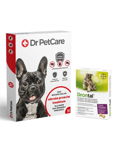 Dr PetCare MAX Biocide Collar Obroża na pchły i insekty dla psa rasy średniej 60 cm + BAYER Drontal Plus Flavour tabletki odrobaczające dla psów