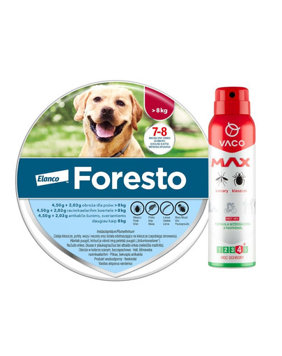 BAYER FORESTO Obroża foresto dla psa przeciw kleszczom i pchłom powyżej 8 kg + VACO VACO Spray MAX na komary, kleszcze, meszki 100 ml