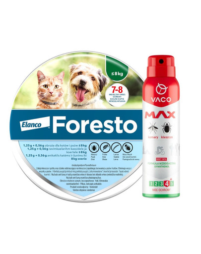 BAYER FORESTO Obroża dla kota i psa przeciw kleszczom i pchłom poniżej 8 kg + VACO VACO Spray MAX na komary, kleszcze, meszki 100 ml