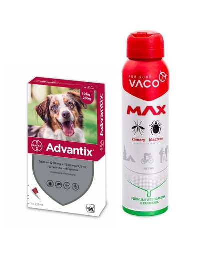 BAYER ADVANTIX Roztwór do nakrapiania dla psów od 10 do 25 kg (1 x 2.5 ml) + VACO VACO Spray MAX na komary, kleszcze, meszki 100 ml