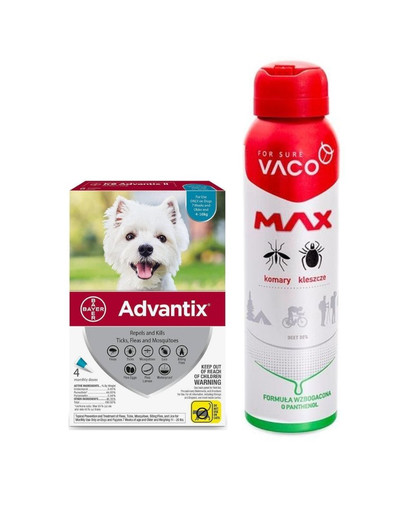 BAYER ADVANTIX Roztwór do nakrapiania dla psów od 4 do 10 kg (4 x 1ml) + VACO VACO Spray MAX na komary, kleszcze, meszki 100 ml