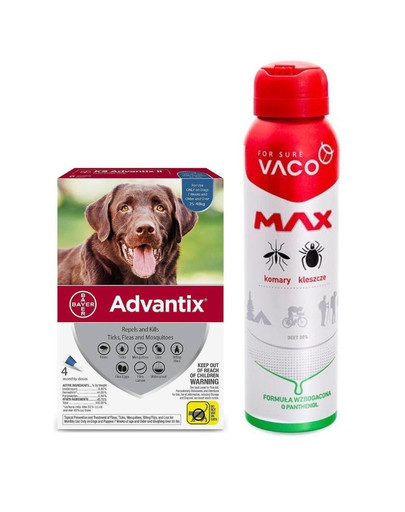 BAYER ADVANTIX Roztwór do nakrapiania dla psów od 25 do 40 kg (4 x 4 ml) + VACO VACO Spray MAX na komary, kleszcze, meszki 100 ml