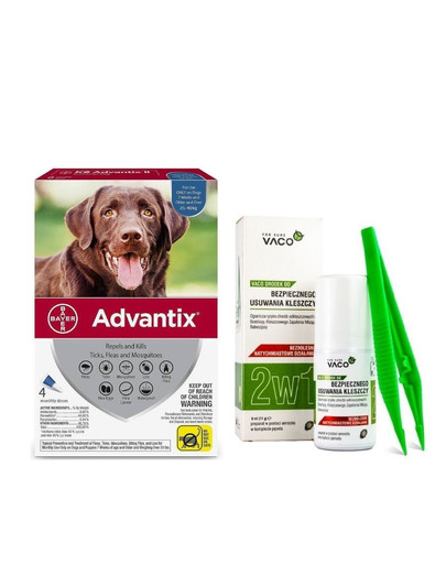 BAYER ADVANTIX Roztwór do nakrapiania dla psów od 25 do 40 kg (4 x 4 ml) + VACO ECO Środek do bezpiecznego usuwania kleszczy (2w1) 1 szt.