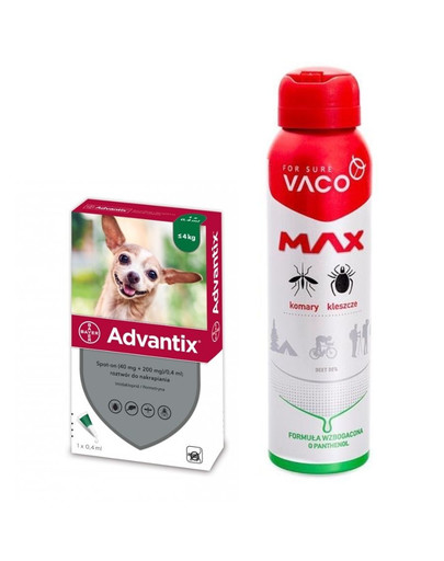 BAYER ADVANTIX Roztwór do nakrapiania dla psów do 4 kg (1 x 0,4 ml) + VACO VACO Spray MAX na komary, kleszcze, meszki 100 ml