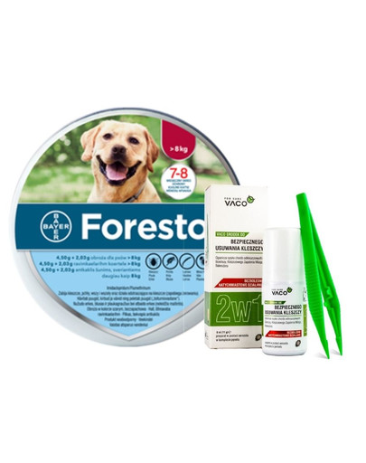 BAYER FORESTO Obroża foresto dla psa przeciw kleszczom i pchłom powyżej 8 kg + VACO ECO Środek do bezpiecznego usuwania kleszczy (2w1) 1 szt.