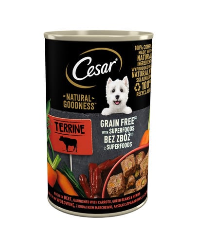 CESAR Natural Goodness w terynie 400 g bogata w wołowinę z dodatkiem marchewki, fasolki szparagowej i ziół