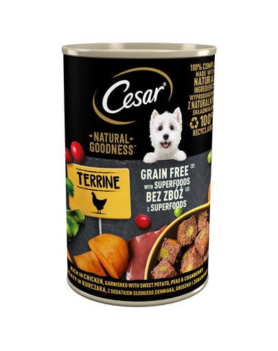 CESAR Natural Goodness w terynie 400g bogata w kurczaka z dodatkiem słodkich ziemniaków, groszku i żurawiny