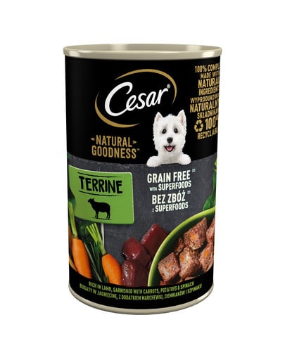 CESAR Natural Goodness w terynie 400 g bogata w jagnięcinę z dodatkiem marchewki, ziemniaków i szpinaku