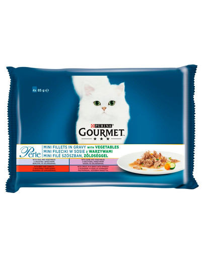 Perle Mini Fileciki w sosie z warzywami (cielęcina, wołowina, dziczyzna, pstrąg) 48x85g mokra karma dla kotów