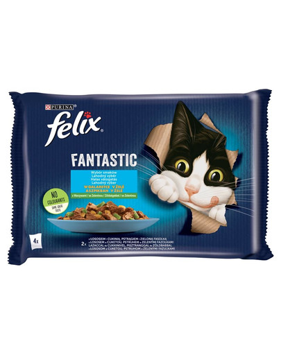 FELIX FANTASTIC Rybne smaki w galaretce (łosoś z cukinią, pstrąg z fasolką) 48x85g mokra karma dla kota