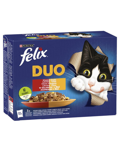 Duo Wiejskie Smaki w galaretce (wołowina i drób, kurczak i cynaderki, jagnięcina i cielęcina, indyk i wątróbka) 12x85 g mokra karma dla kota
