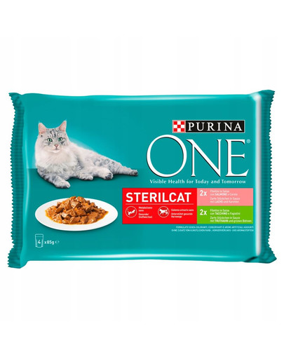 ONE Sterilcat Mix smaków (z indykiem i zieloną fasolką, z łososiem i marchewką) 4x85g mokra karma dla kotów sterylizowanych
