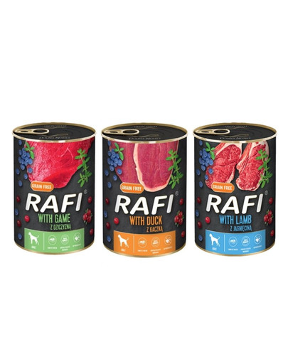 RAFI mix smaków (dziczyzna, jagnięcina, kaczka) 36x400g mokra karma dla psa