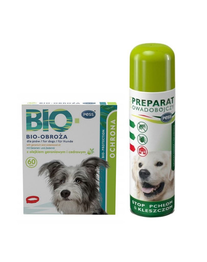 PESS BIO Obroża pielęgnacyjno-ochronna z olejkiem geraniowym i cedrowym dla psów 60 cm + PESS Flea-Kil Plus Preparat owadobójczy przeciw pchłom i kleszczom do pomieszczeń 250 ml