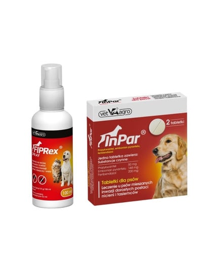 VET-AGRO Fiprex spray 100 ml + InPar Tabletki na odrobaczanie psa pasożyty wewnętrzne 2 tab.