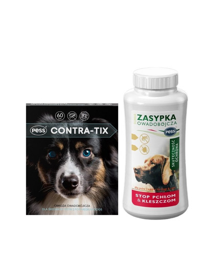 PESS Contra-Tix Obroża owadobójcza dla średnich psów 60 cm + PESS Sunia Zasypka owadobójcza przeciw pchłom i kleszczom dla psów i kotów 100 g