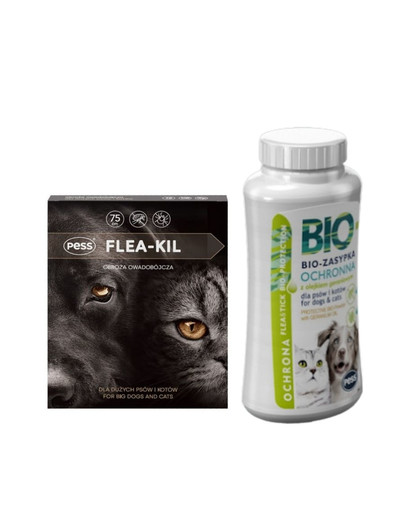 PESS Flea-Kil Obroża owadobójcza dla dużych psów i kotów 75 cm + PESS Bio Zasypka ochronna z olejkiem geraniowym 100 g