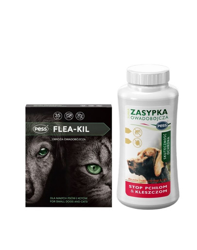 PESS Flea-Kil Obroża owadobójcza dla małych psów i kotów 35 cm + PESS Sunia Zasypka owadobójcza przeciw pchłom i kleszczom 100 g