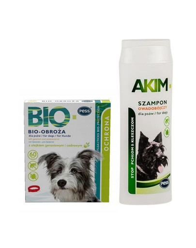 PESS BIO Obroża pielęgnacyjno-ochronna z olejkiem geraniowym i cedrowym dla psów 60 cm + PESS Akim Szampon owadobójczy przeciw pchłom i kleszczom 200 ml