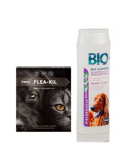 PESS Flea-Kil Obroża owadobójcza dla dużych psów i kotów 75 cm + PESS Bio Szampon ułatwiający rozczesywanie z proteinami jedwabiu 200 ml