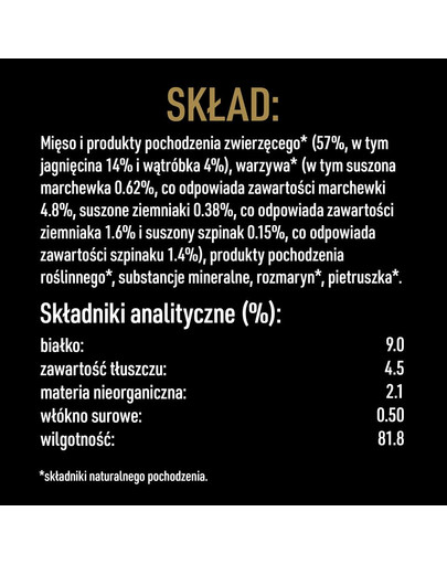 puszka 6 x 400g bogata w jagnięcinę z marchewką, ziemniakami i szpinakiem