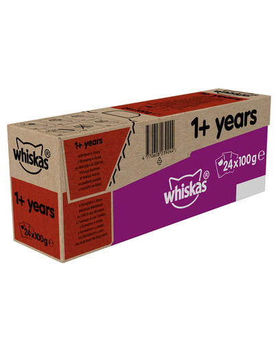 WHISKAS 1+ lat opakowanie 24x100g - mokra karma dla kotów, z wołowiną w sosie