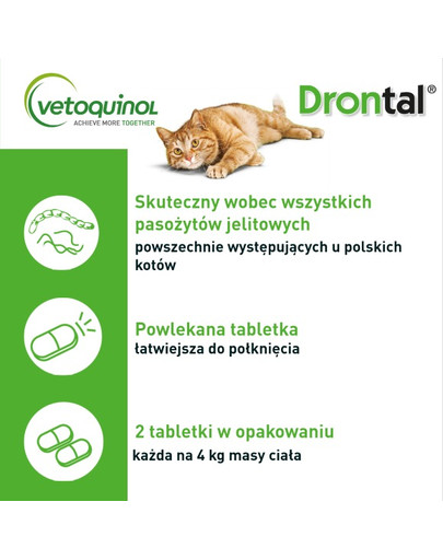 VETOQUINOL Drontal dla kotów ellipsoid 2 tab. odrobaczające środek przeciwpasożytniczy