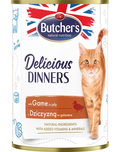 Delicious Dinners, karma dla kota, kawałki z dziczyzną w galaretce, 400g