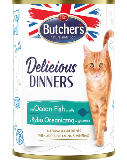 Delicious Dinners, karma dla kota, kawałki z rybą morską w galaretce, 400g