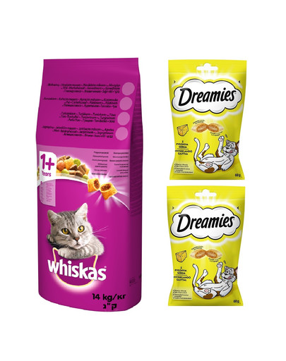 WHISKAS Adult 14kg z tuńczykiem i warzywami + DREAMIES 60g z serem GRATIS