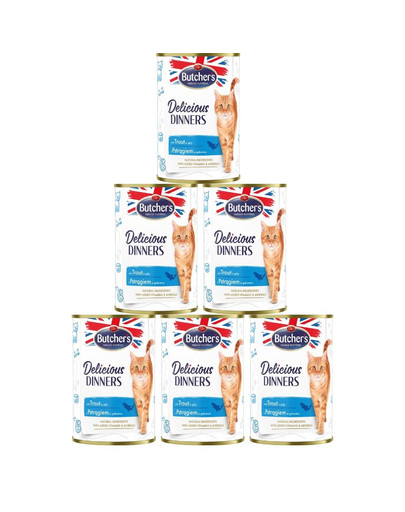 BUTCHER'S Delicious Dinners, karma dla kota, kawałki z pstrągiem w galaretce, 400g x 6