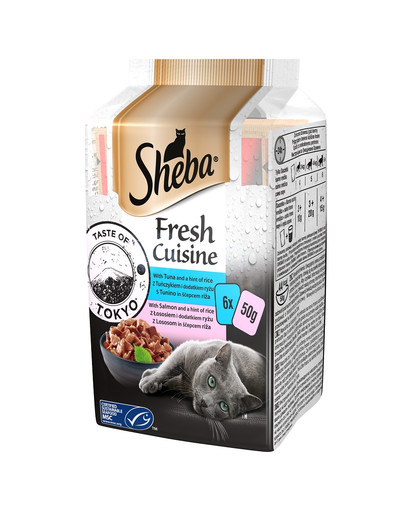 Fresh Cuisine Taste of Tokyo mokra karma pełnoporcjowa dla dorosłych kotów z tuńczykiem i dodatkiem ryżu, z łososiem i dodatkiem ryżu saszetka 12x(6x50g)