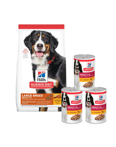 HILL'S Science Plan Adult Dog Large Dry Chicken kurczak 14 kg dla dużych ras + 3 puszki 370 g GRATIS